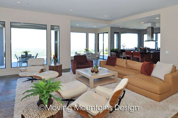 Family room and kitchen in Pasadena contemporary house staging 