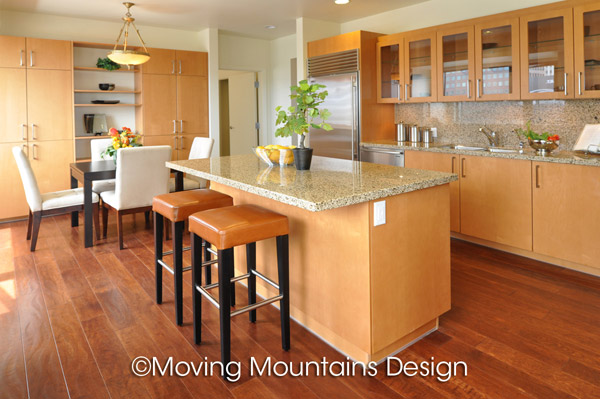 Los Angeles luxury condo staging of the kitchen with leather barstools