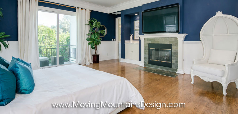Navy blue and white master bedroom home staging