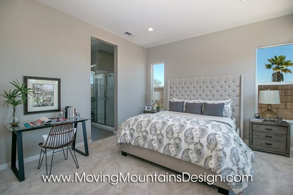 Gray and white Master BedroomModel Home Staging