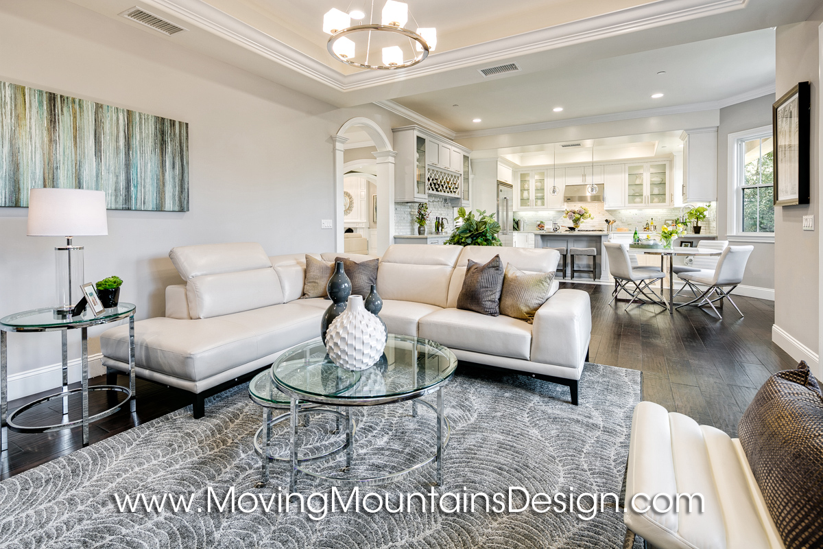 Family room in Temple City home staging with white leather sectional
