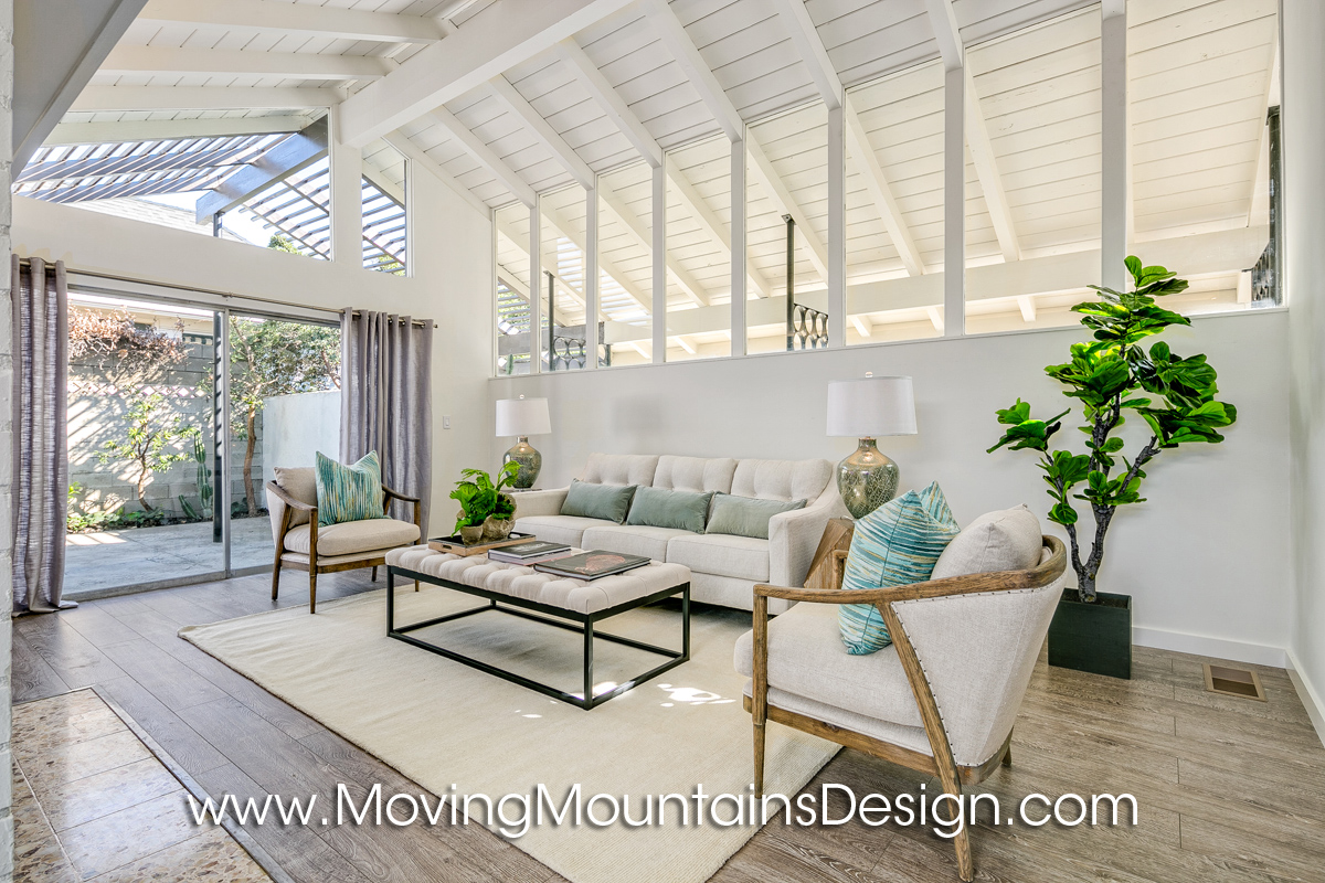 Mid Century Modern living room with high ceilings