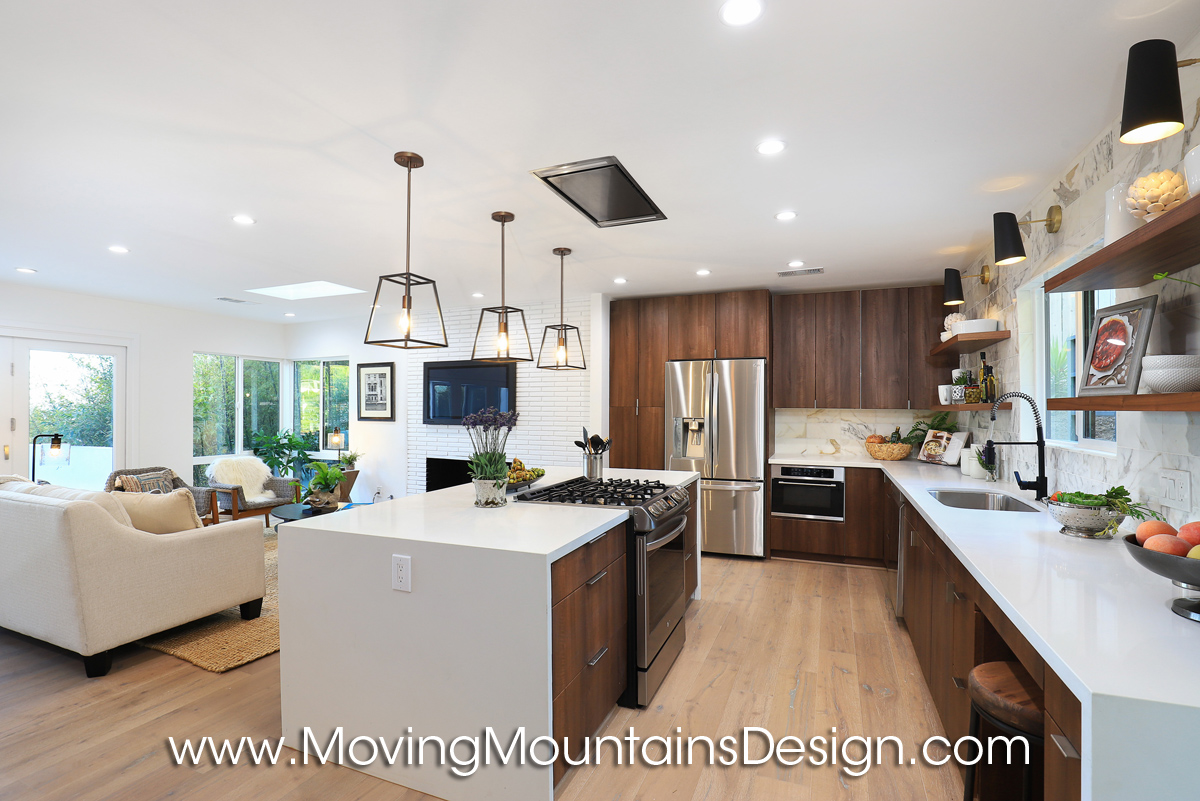 Wide view of the kitchen Hollywood Hills home staging 