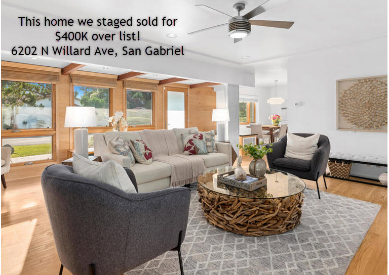 This home staged by Moving Mountains Design sold for $400,000 over list. Our staged homes sell for $100K - $300K over list